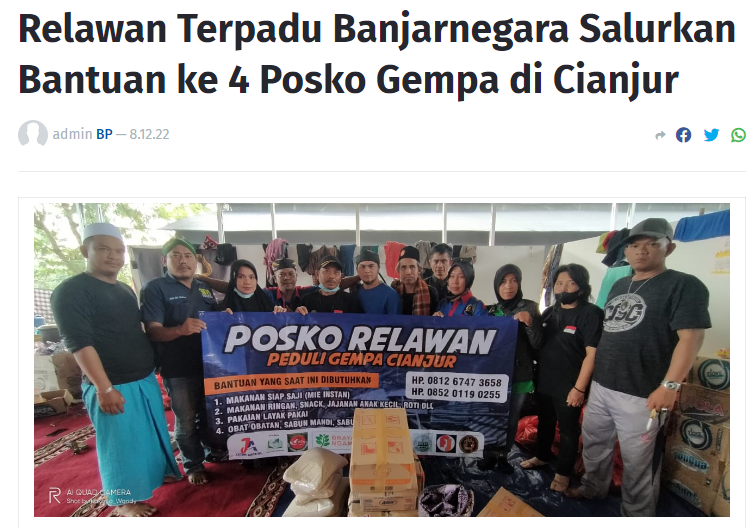 Brayan Ngamal dan Relawan Terpadu Banjarnegara Salurkan Bantuan ke 4 Posko Gempa di Cianjur